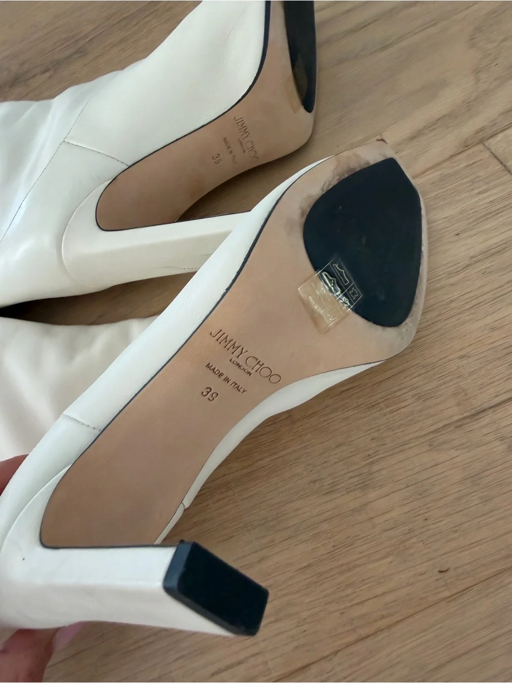 Jimmy Choo Cream Over-the-Knee Leather Boots with Gold JC Logo